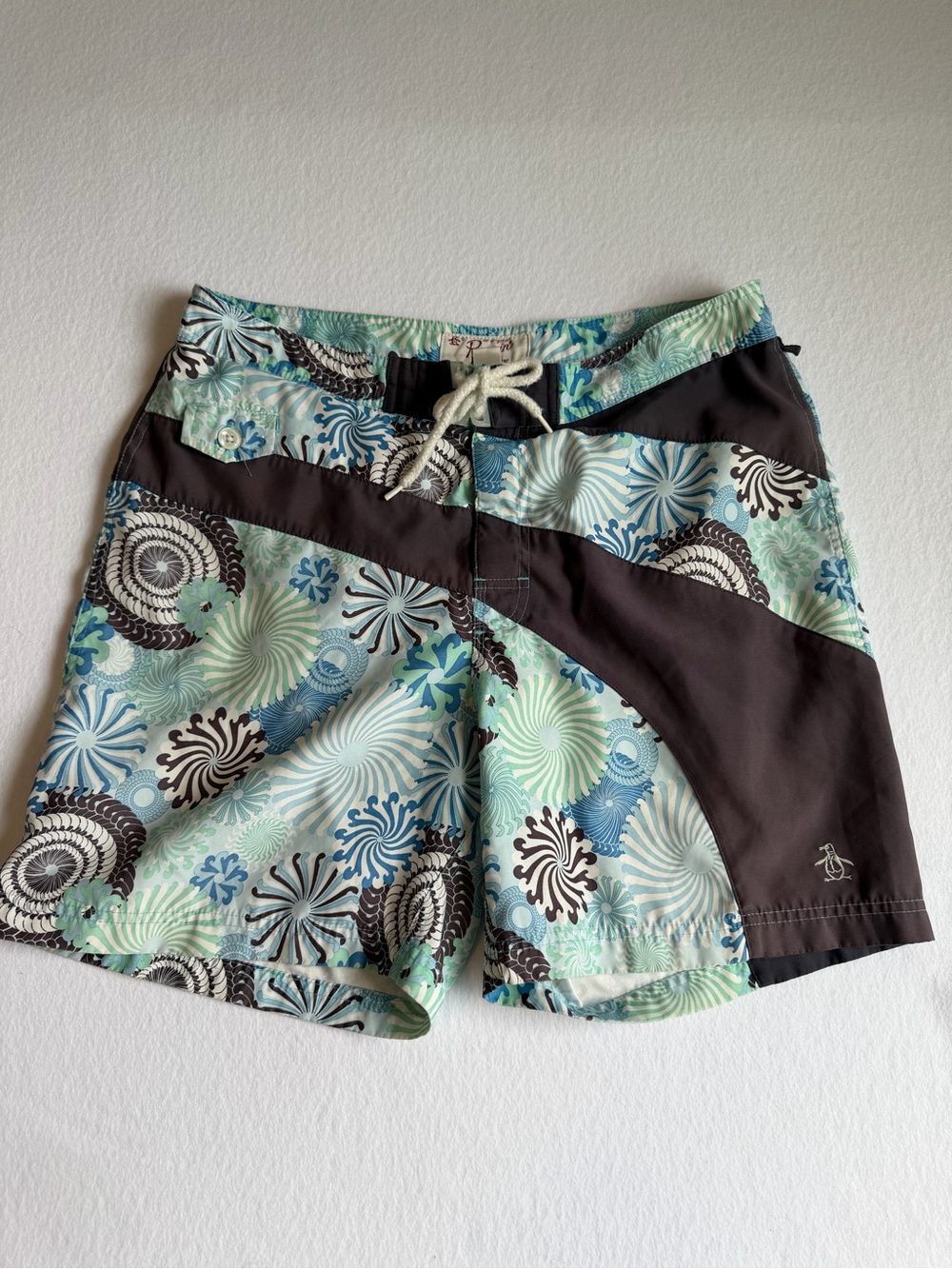 Penguin Munsingwear Board Shorts 34 Retro Surf Swim Trunks Blue Brown